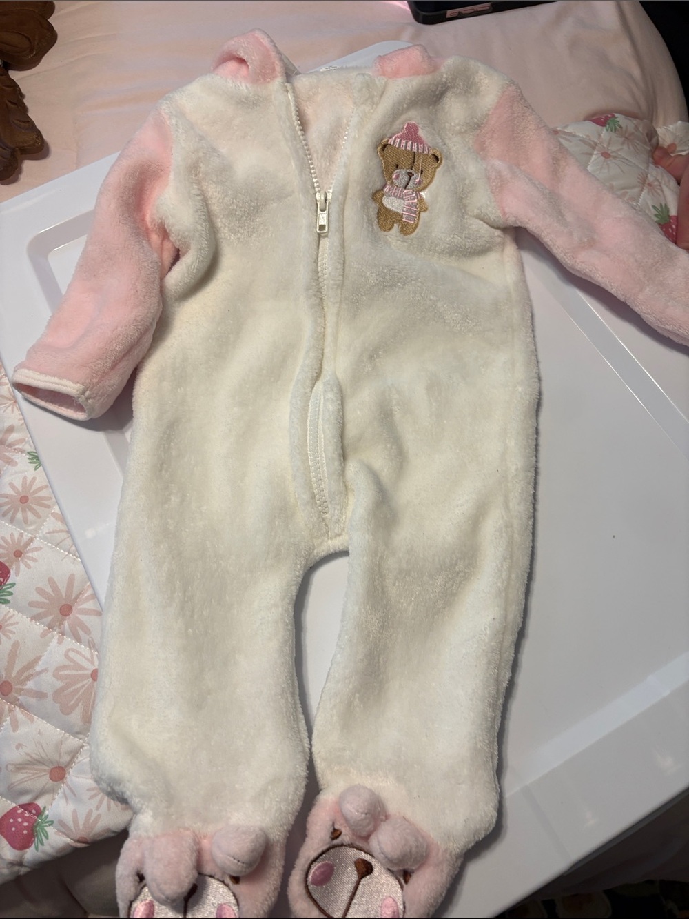 Penelope Mack Cream and Pink Plush Baby Footie with Bear Applique